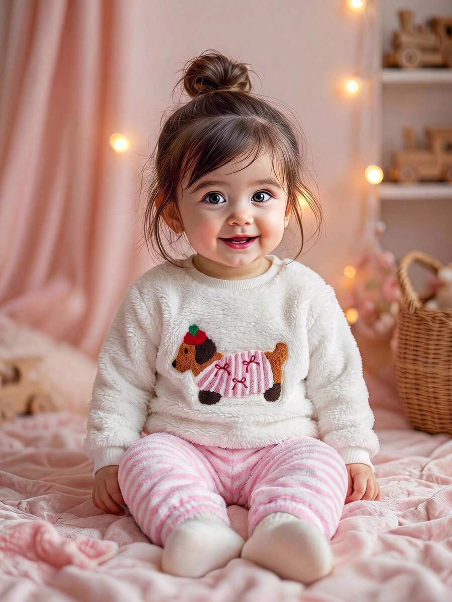 Cozy Pixies 女嬰卡通熊圖案保暖內裡加厚圓領長袖套頭上衣與鬆緊腰長褲2件套,舒適百搭時尚日常可愛熊圖案簡約百搭風,適合室內、戶外滑雪、日常、運動、玩耍、派對、拍照、假期、聖誕節 - 彩色 - 查看 1