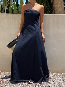 Livesso Bandeau Slim Fit Solid Color Split Line Women's Denim Dress - Dark Wash - View 3