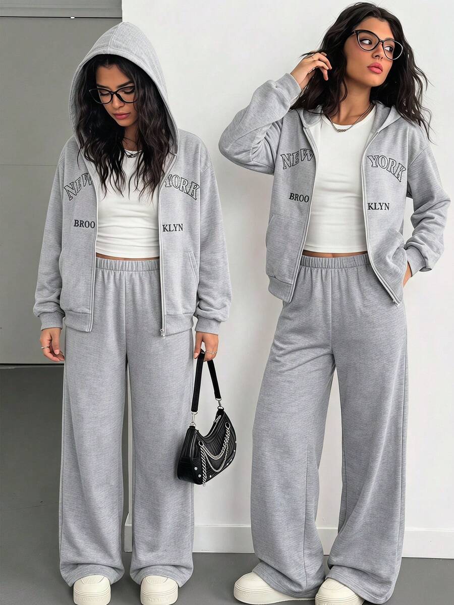 SHEIN 3件組女孩休閒極簡風背心+短版拉鍊印花連帽外套+寬腿褲套裝,適合日常穿著,灰色運動褲,女孩灰色運動服套裝,女孩寬腿運動褲 - 灰色 - 查看 1