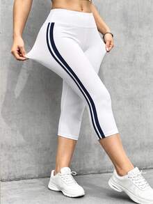 Muchica Fashionable Minimalist Striped Colorblock Sports Cropped Leggings Gym Running Outdoor Yoga Training Activewear - Black and White - View 10