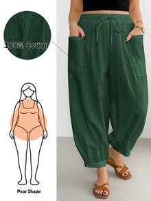 Shapeblank Pantalones largos de talla grande para mujer, unicolor, cintura con cordón, casual, versátil, para uso diario - Verde Oscuro - Ver 1