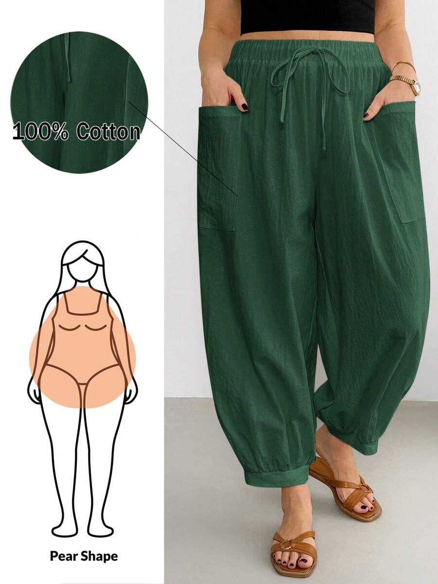Shapeblank Pantalones largos de talla grande para mujer, unicolor, cintura con cordón, casual, versátil, para uso diario - Verde Oscuro - Ver 1