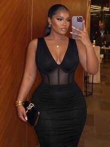 Slaydiva Spring/Summer New: Sexy Sleeveless Deep V-Neck Midi Dress, Sheer Mesh Waist Design, Slim Fit. Plus Size Women's Midi Dress. Suitable For Daily Wear, Party, Wedding, Graduation Ceremony, Friends Gathering, Music Festival, Elegant Gathering, Date, Cocktail Party, Birthday Party And Other Occasions. Elegant And Sexy - Black - View 10