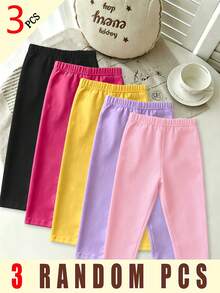 (5 piezas aleatorias, se envían 3 piezas) Leggings básicos de color con estampado de lazo de cinta rosa simple para niña bebé, pantalones de uso diario para primavera, verano, otoño e invierno, todas las estaciones - Multicolor - Ver 2