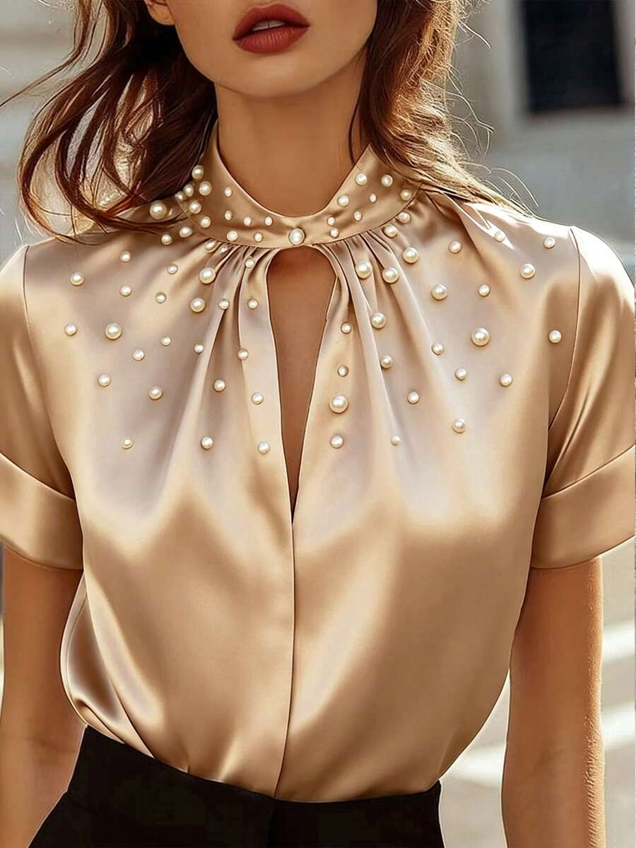 Franclia Blus Lengan Pendek Satin Elegan Modis untuk Wanita dengan Hiasan Mutiara - Sampanye - View 1