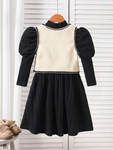 Elladie kids 女童秋冬保暖兩件套－優雅淑女高領泡泡袖收腰純色毛絨羅紋極簡連身裙，搭配短版無袖羊毛混紡背心與3D蝴蝶結，適合外出、旅行、度假、姐妹派對與聚會 - 黑與白 - 查看 2