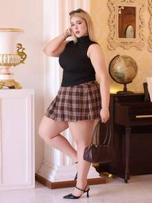 CHERRY TINTT SELECTION Plus Size Brown Checkered Apocalypse Music Festival Mini Skirt Plaid Skirt,Back To School - Brown - View 5