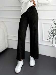 WovenCharm Pantalones rectos de punto acanalado de algodón liso - Negro - Ver 2