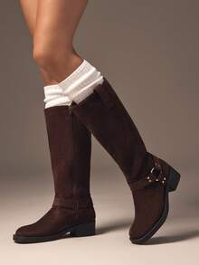 SHUZIA Women Winter Warm Fashion Comfortable Block Heel Faux Suede Mid-Calf Combat Boots With Strap And Hardware Decor - Chocolate Brown - View 2