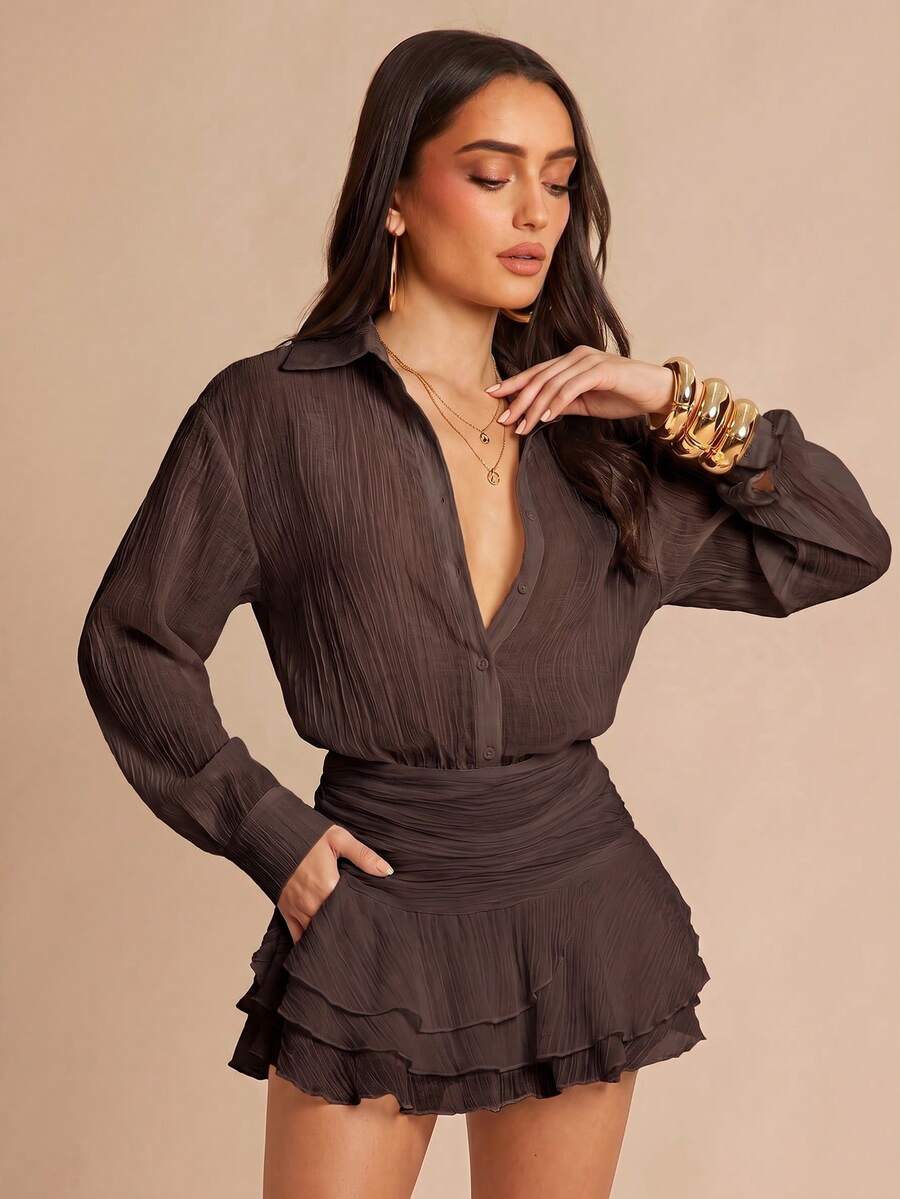Silquee Robe mini élégante de couleur unie avec volants pour les trajets - Tabac - Voir 1