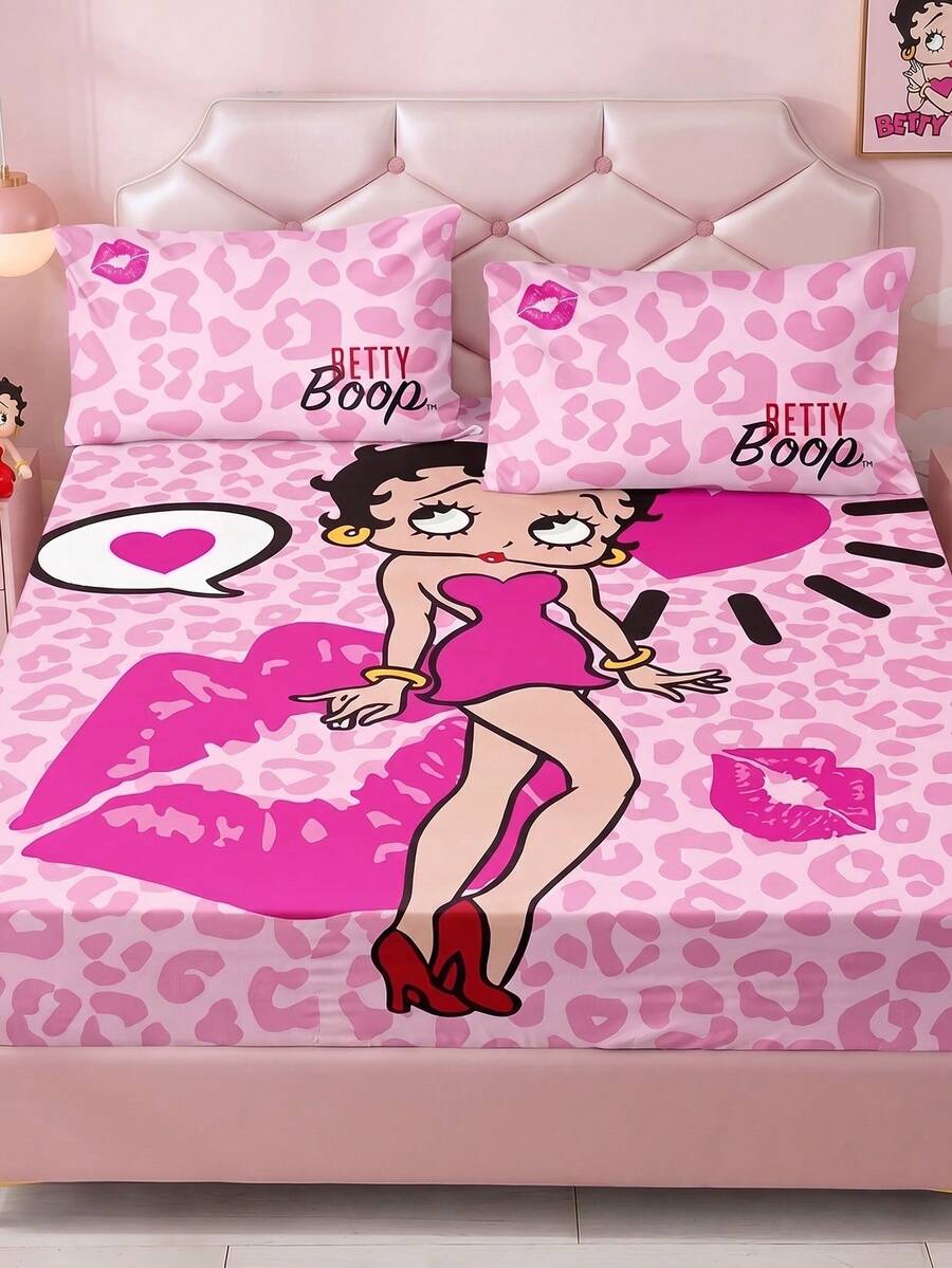 Betty Boop x SHEIN 3-Piece Set Of Light Pink Bottom Pink Cartoon Character Mattress Set, Pink Cartoon Pattern, Cartoon Character Decoration, Leopard Print Pattern, Suitable For Room Decoration, Microfiber Material, Machine Washable, Multi-Season Application - Light powder - View 1