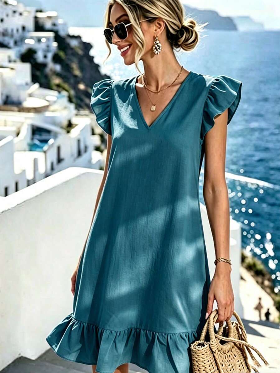 Hotletica Women's Solid Color V-Neck Flutter Sleeve Ruffle Hem Casual Dress - Dusty Blue - View 1