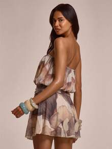 MUSERA Bead Tie Front Draped Ruched Gathered Waist Side Split Skirt Bandeau Mini Dress - Brown - View 4