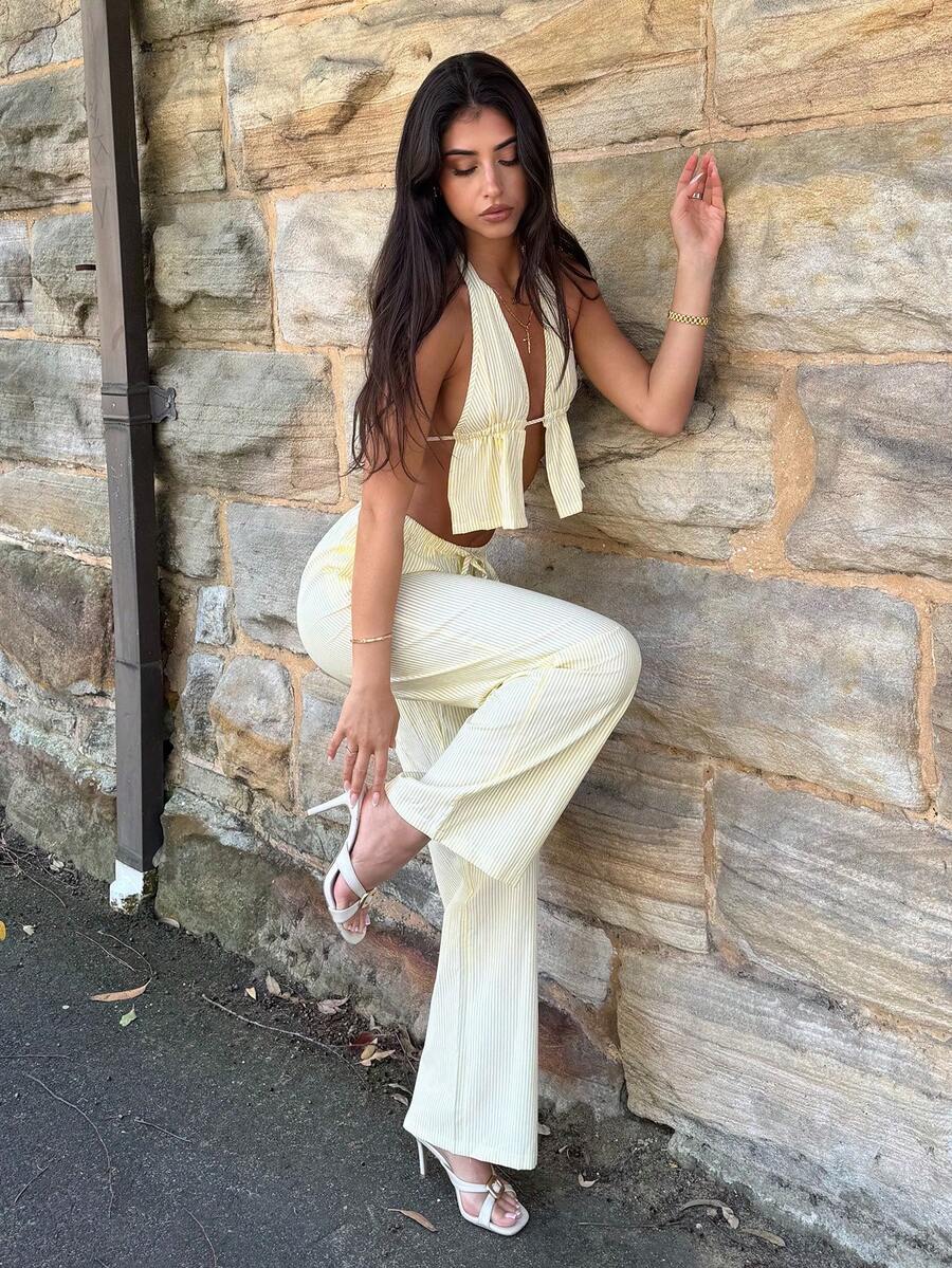 AmyJordy 2pcs Women Blue & White Striped Suit: Cotton Deep V-Neck Backless Halter Top And High Waist Drawstring Wide Leg Pants, Spring/Summer Elegant - Yellow - View 1