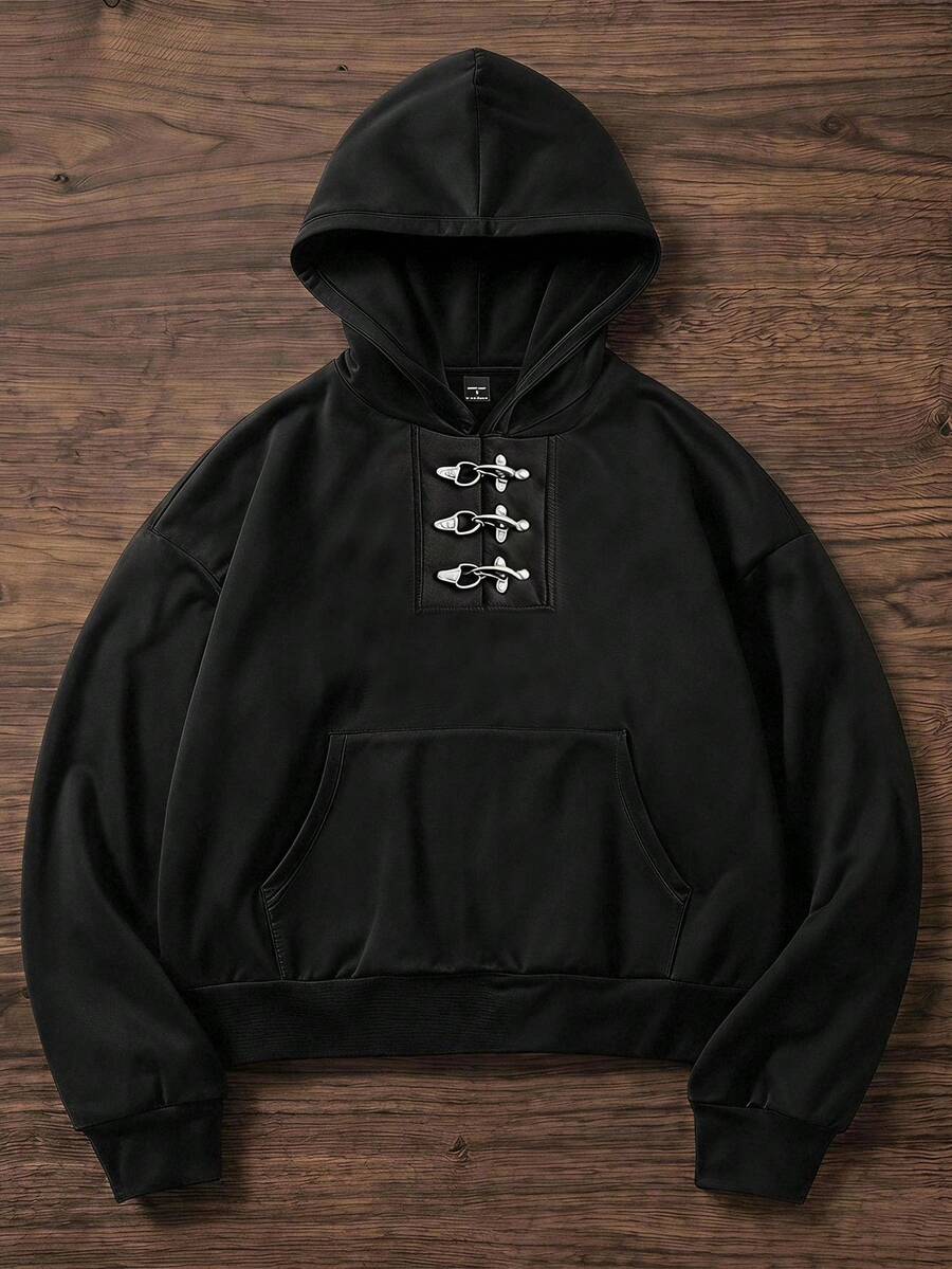 SWAVVY Men's Long Sleeve Casual Hoodie Sweatshirt With Airplane Buckle Design - Black - View 1