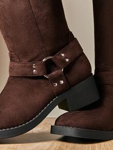 SHUZIA Women Winter Warm Fashion Comfortable Block Heel Faux Suede Mid-Calf Combat Boots With Strap And Hardware Decor - Chocolate Brown - View 6