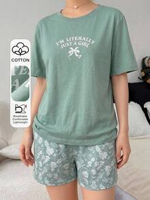 DAZY 女款字母印花圓領短袖上衣與短褲休閒居家服套裝 夏季睡衣 - 綠色 - 查看 1