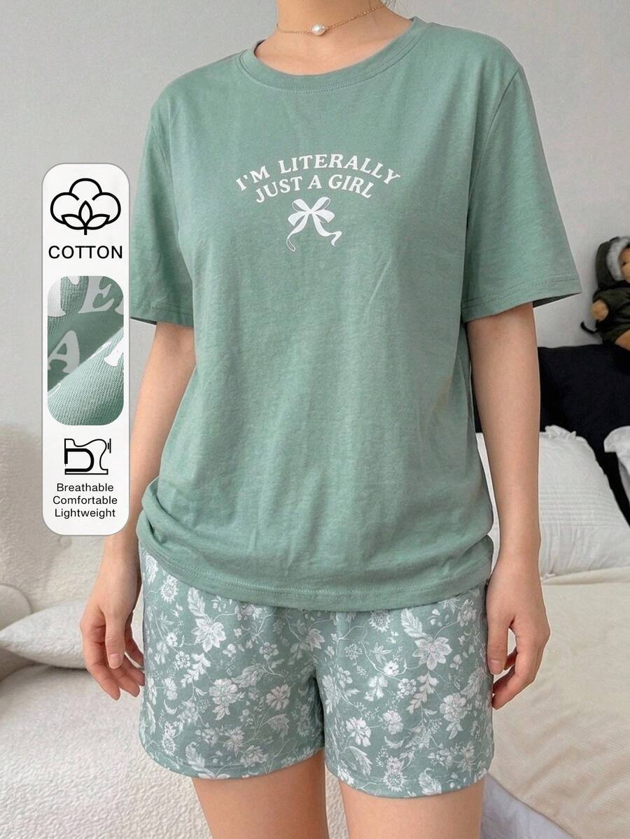DAZY 女款字母印花圓領短袖上衣與短褲休閒居家服套裝 夏季睡衣 - 綠色 - 查看 1