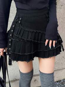 FRIFUL Women's Raw Hem Pleated Casual Goth Versatile Daily Denim Mini Skirt Night Out Black Summer - Black - View 4
