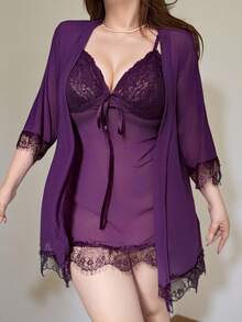 Dazy Plus Sexy Lace Patchwork Fitted Mini Nightgown & Cardigan Loungewear Set, Spring Summer Autumn - Red Violet - View 5