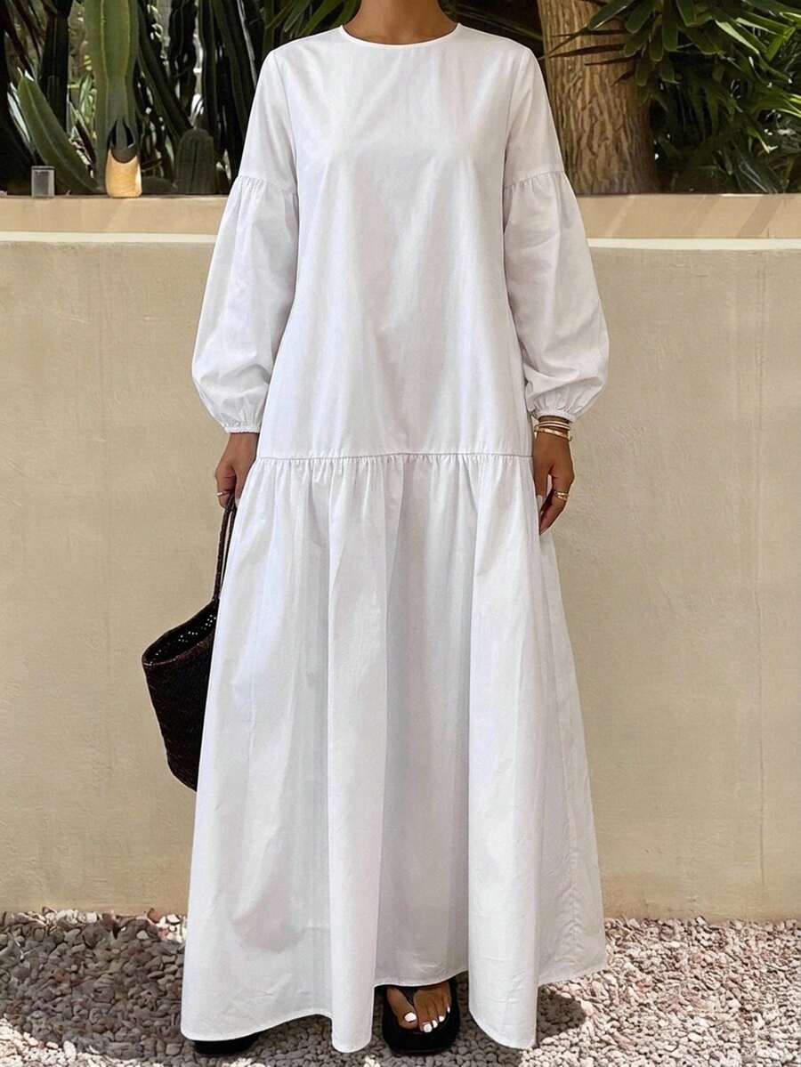 DAZY 女款純色長版休閒度假洋裝 秋季 - 象牙白色 - 查看 1