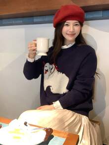 DAZY Sweater Wanita Lengan Panjang Leher Bulat Warna Kontras Musim Gugur/Dingin - Biru - View 4
