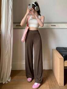 DAZY 女士休闲纯色基本款周末装长裤，夏季新品 - 咖啡棕 - 查看 12