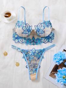 SHEIN Set Lingerie Seksi Wanita Warna Nude 2 Potong - Mint Blue - View 3