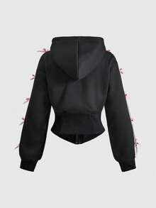 Sweetness Black Sweet Waist-Cinching Bowknot Decor Women's Sweatshirt - Black - View 3