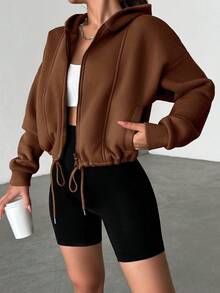 WovenCharm Drop Shoulder Drawstring Hem Zip Up Hoodie - Coffee Brown - View 4