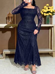 Feyla Plus Size Elegant Party Solid Color Lace Dress - Navy Blue - View 2