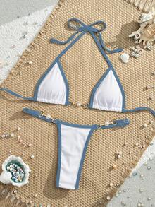 Swim Vcay Traje de baño para mujer de verano con borde de costilla, bikini triangular micro con escote halter - Blanco - Ver 3