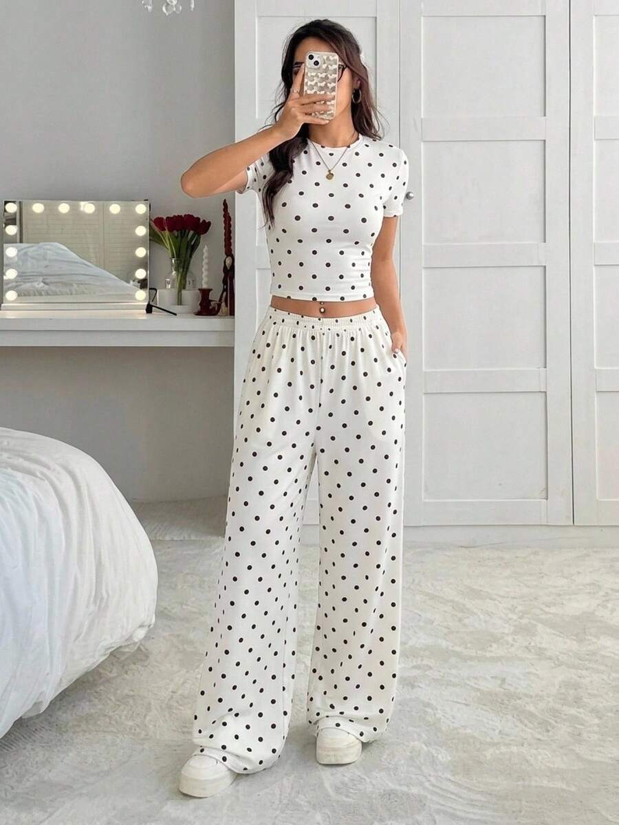 CovetEZ Polka Dot Short Sleeve T-Shirt And Long Pants Women's Set - Yellow - View 1