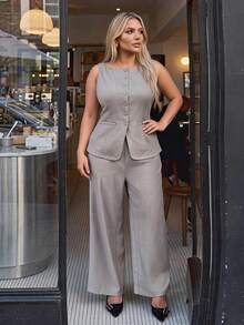 Auralis Plus Size Women Solid Color Vest And Pants Casual Elegant Commute Suit Set Office Formal Grey Summer - Khaki - View 8