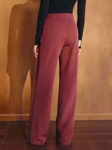 MOTF PREMIUM WOMEN'S BURGUNDY STRIPED SUIT PANTS, ELEGANT COMMUTE STYLE, AUTUMN/WINTER - Burgundy - View 8