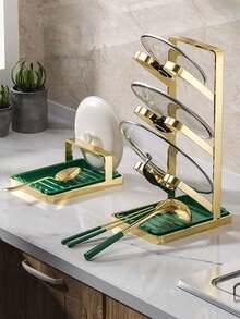 Luxury Pot Lid Holder With Drip Tray, Countertop Wall Mount Multi Layer Spatula Cookware Storage Rack - View 8