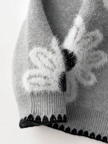 SHEIN Baby Girl Autumn/Winter Fashion Cute Floral Pattern Plush Soft Skin-Friendly Knit Sweater Pullover With Hand-Crafted Cuffs And Collar, Elegant Versatile Style - Light Grey - View 5