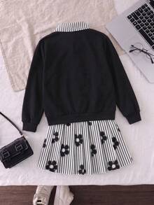 SHEIN Elladie kids 青少年女孩運動衫套裝，黑白配色，連帽衫 + 慢跑褲 2 件組，秋冬款，80年代風，圓領，字母印花，抓絨校園穿搭 - 黑色 - 查看 2