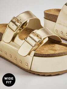 SHUZIA Damen Mode Casual Komfort Sandalen mit doppelter Schnalle und Schlupfeinstieg - Gold - Übersicht 5