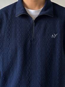 DAZY Navy Blue Textured Knit Fabric Letter Embroidered Stand Collar Half-Zip Pullover Sweatshirt For Men Fall - Navy Blue - View 7