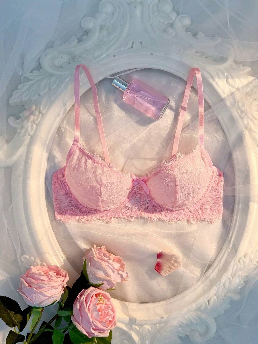 Crystal Vow 1pc Sweet Pink Eyelash Lace Deep V-Neck Bra With Bow Front And Spaghetti Strap Women's Lingerie - Baby Pink - View 1