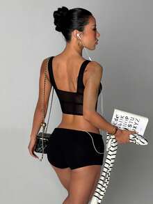 Easithlete Mesh Patchwork Cropped Sexy Sports Tank Top - Black - View 2
