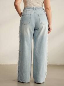 Anewsta Plus Size Women's Light Blue Fashion Lace Trim Denim Jeans Date Night Formal Summer Casual Elegant - Blue - View 7