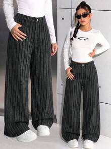 SHEIN 女童條紋黑色牛仔寬鬆長褲 - 黑色 - 查看 1