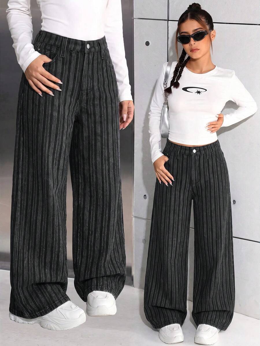 SHEIN 女童條紋黑色牛仔寬鬆長褲 - 黑色 - 查看 1