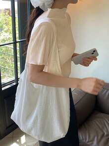 DAZY 女款純色紋理布料高領短袖修身白色襯衫，春夏薄款衣著 - 杏色 - 查看 4