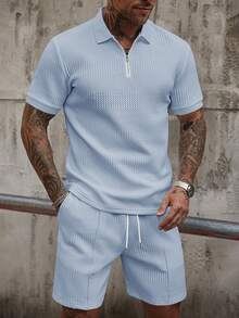 Manfinity Homme 男士純色短袖 Polo 衫與短褲休閒日常穿搭套裝 - 淺藍色 - 查看 1