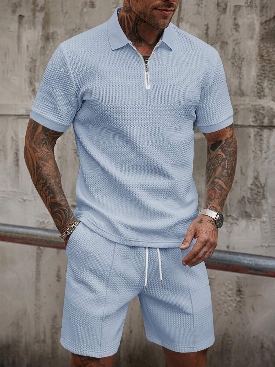 Manfinity Homme 男士純色短袖 Polo 衫與短褲休閒日常穿搭套裝 - 淺藍色 - 查看 1