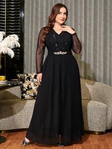 Reflora Mono casual de uso diario para mujer talla grande con cuello en V, patchwork de encaje y decoración de strass - Negro - Ver 4