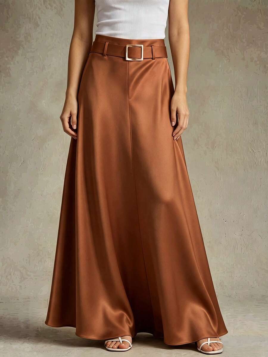 Franclia 女士优雅缎面金属腰带装饰A字裙 - 棕色 - 查看 1